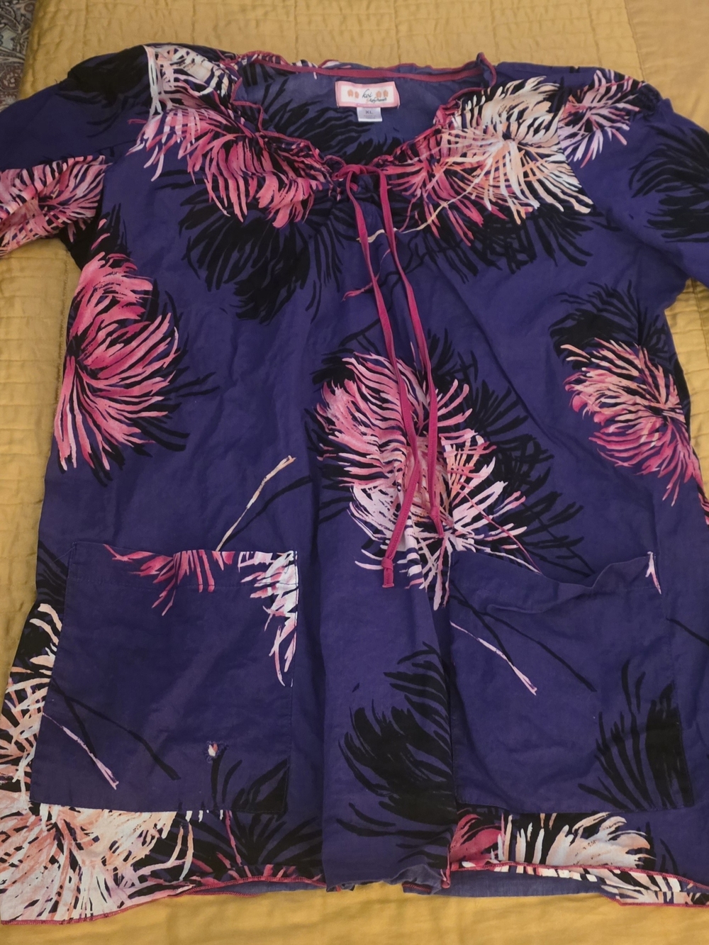 Koi By Cathy Peterson Purple Floral Scrub Top with Pink Accents